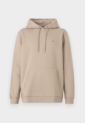 Beige hoodie van zachte stof; heeft een kangoeroezak, verstelbare trekkoordcapuchon en een klein logo op de borst.