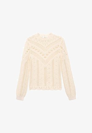 Pull en maille de couleur crème avec un col festonné, des manches longues et un motif détaillé de dentelle et de rayures texturées.