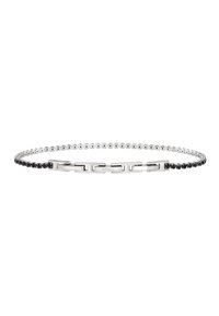 Rannekoru hopeanvärisistä linkeistä ja mustista kivistä, joissa on vuorotellen vaihtelevaa muotoilua. Suunnittelussa on pyöristetyt reunat ja sileä, kiillotettu pinta.