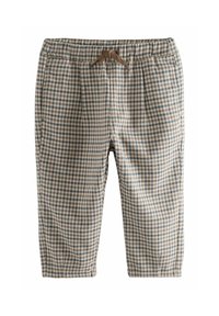 Byxor i houndstooth-mönster i beige och blått, med resårmidja och brun snörning. Croppad längd med sidfickor.