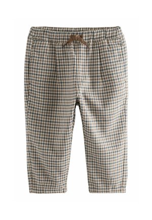 Beige und blaue Hosen im Hahnentwist-Muster, mit einem elastischen Bund und einem braunen Kordelzug. Knie kurze Länge mit seitlichen Taschen.
