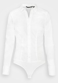 Body bianco a maniche lunghe con colletto, apertura con bottoni, design aderente e texture liscia.