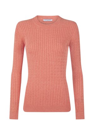 Langærmet lyserød kabelstrikket sweater med rund hals, ribstrikkede manchetter og kant, mærket Felix Hardy, vist på hvid baggrund.