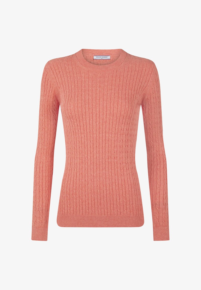 Pull rose à manches longues en maille torsadée avec col rond, poignets et ourlet côtelés, étiqueté Felix Hardy, présenté sur fond blanc.