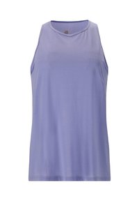 Top senza maniche viola realizzato in tessuto morbido, caratterizzato da un collo rotondo e una texture liscia senza motivi o decorazioni.