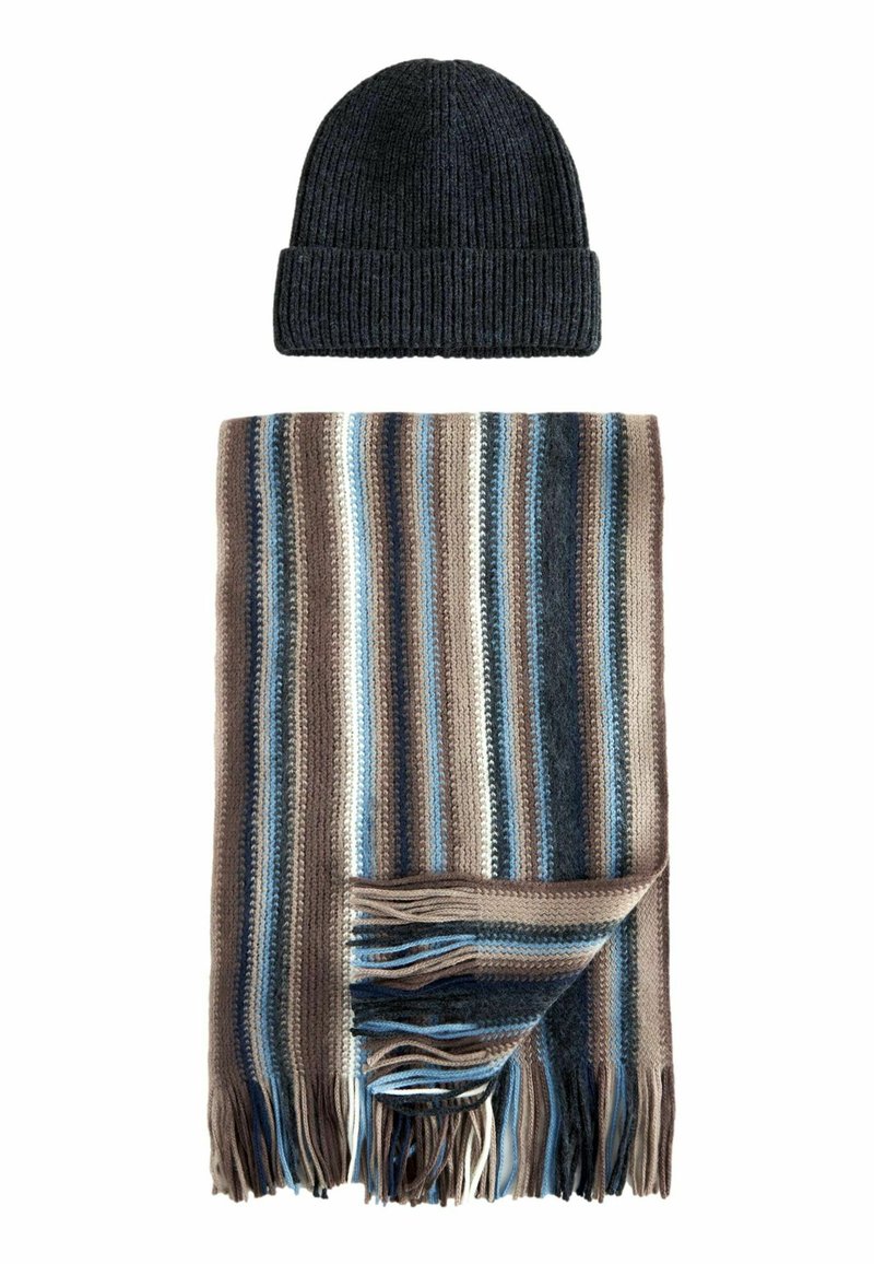 Knitted dark blue beanie and striped scarf with brown, blue, and gray tones. Scarf has fringed edges and alternating color patterns.