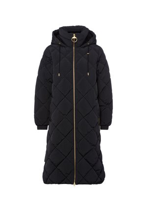 Lange zwarte gewatteerde winterjas met capuchon, gouden rits en trekkoorden, elastische manchetten en een diamantvormig stikselpatroon.
