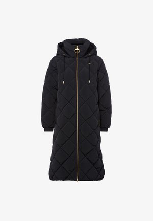 Langer schwarzer gesteppter Wintermantel mit Kapuze, goldfarbenem Reißverschluss und Kordelzug, elastischen Bündchen und Rautensteppmuster.