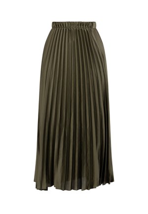 Plīšu midi svārki olīvzaļā krāsā, izgatavoti no gludas, vieglas auduma ar elastīgu jostasvīru komfortam.