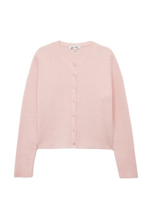 Cárdigan de punto acanalado en rosa claro con mangas largas y seis botones delanteros, con cuello redondo.