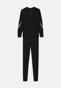 Black long-sleeve top and pants set with white striped details on sleeves, designed for fitted wear, displayed on a white background.