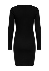 Robe noire à manches longues, coupe ajustée, texture côtelée, col rond, longueur genou, style minimaliste, sans matériel ou accents visibles.