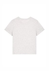 Helles graues, kurzärmliges T-Shirt aus weicher Baumwolle; verfügt über einen Rundhalsausschnitt und eine lockere Passform mit einer glatten Textur.