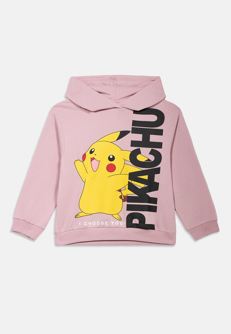 Pink hooded sweatshirt with a yellow Pikachu graphic, black text, and accents. Features ribbed cuffs and hem, made from soft fabric.
