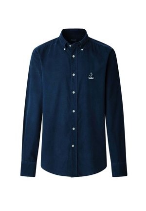 Camicia blu navy con bottoni, maniche lunghe, colletto, realizzata in tessuto testurizzato, presenta bottoni bianchi e logo ricamato sul petto.