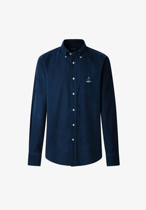 Camicia blu navy con bottoni, maniche lunghe, colletto, realizzata in tessuto testurizzato, presenta bottoni bianchi e logo ricamato sul petto.