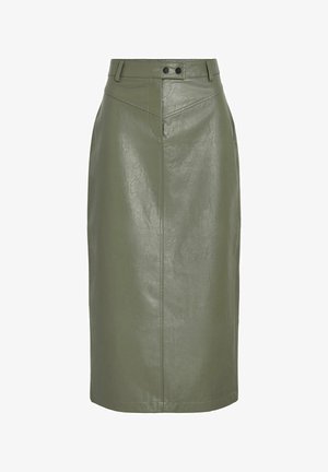 Jupe midi en cuir vert olive avec une coupe droite, présentant une taille haute, deux boutons et des coutures décoratives à l'avant.