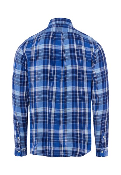 Chemise à manches longues avec col, à motif à carreaux bleu, bleu clair et blanc, vue de dos.