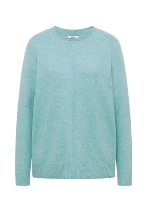 Pehmeä vaaleansininen neulepaita, jossa on pitkät hihat, ribbien hihansuut ja helma sekä pyöreä kaula-aukko.