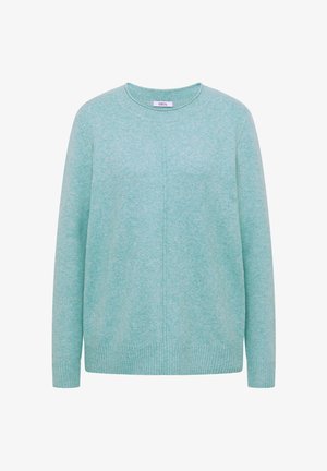 Mjukt ljusblått stickat tröja med långa ärmar, ribbade manschetter och nederkant samt rund hals.