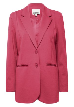 Roze blazer met een getailleerde pasvorm, enkele knoopsluiting, gesneden revers en twee voorkeurszakken. Gemaakt van een zachte, rekbare stof.