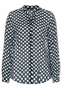 Camicia nera con pois bianchi, maniche lunghe, chiusura a bottoni, colletto alla Mandarin e orlo leggermente curvato. Tessuto leggero e liscio.