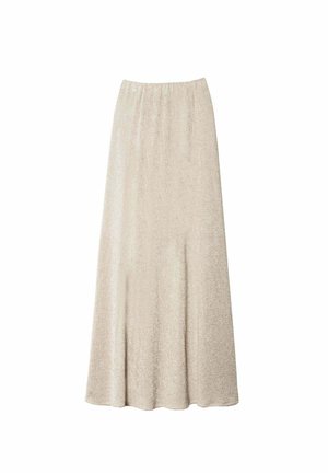 Une longue jupe beige en tissu texturé avec un design légèrement évasé et une taille élastique pour un ajustement confortable.