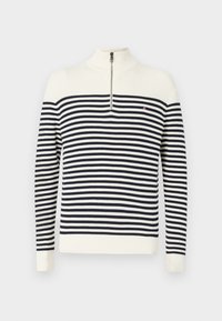 Crème en marine gestreepte trui met hoge kraag, halve rits aan de voorkant, ribbelstructuur en logoaccent op de linkerbovenkant van de borst.