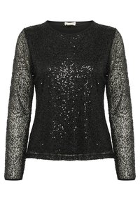 Top nero a maniche lunghe ricoperto di paillettes, con scollo rotondo e maniche testurizzate a contrasto con una finitura luccicante.