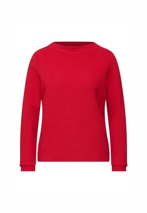 Röd långärmad sweatshirt med rund halsringning och ribbade muddarna. Tillverkad av mjukt, strukturerat tyg som ger en slät, enfärgad yta.