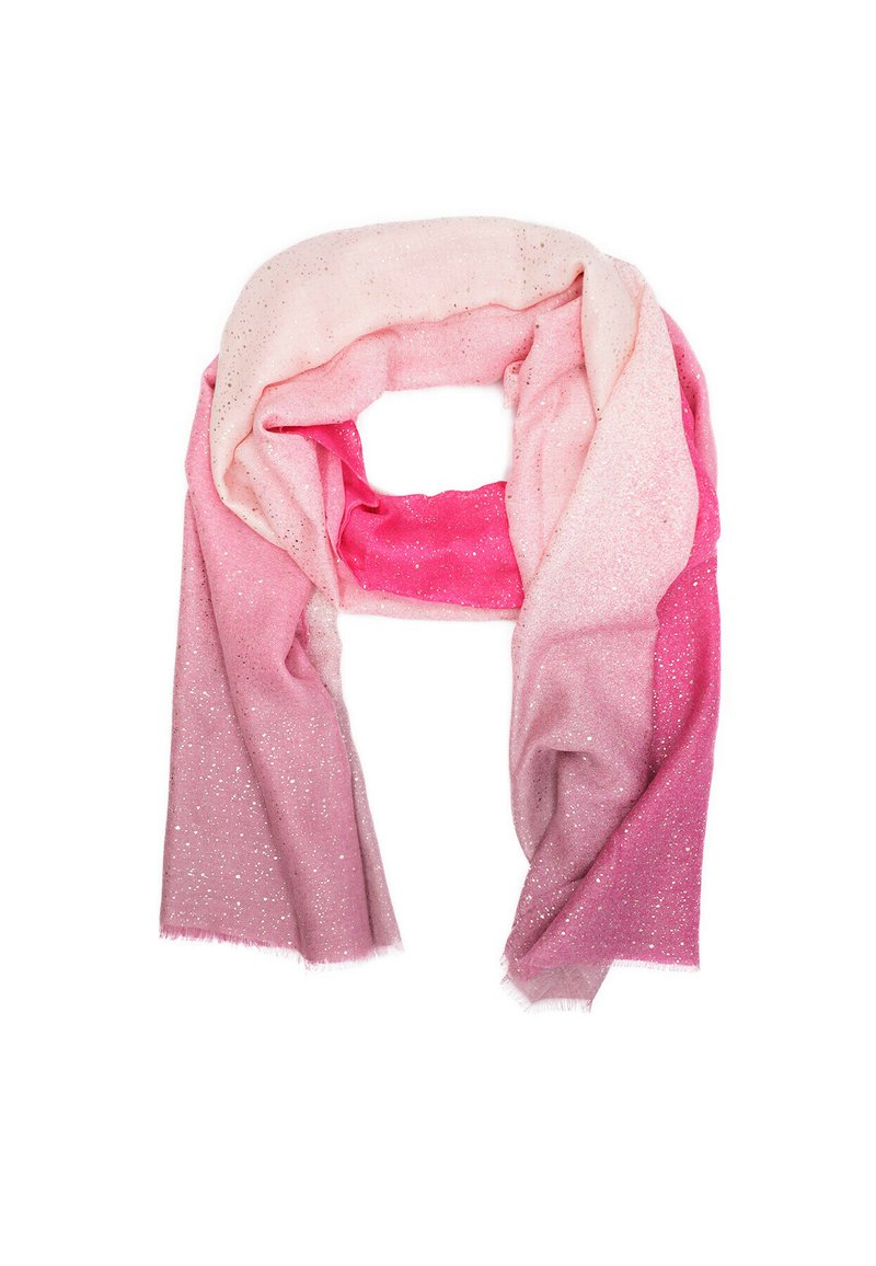 Sciarpa ombreggiata in tonalità di rosa con gradiente dal chiaro allo scuro, caratterizzata da una texture scintillante e bordi frangiati per un tocco di dettaglio in più.