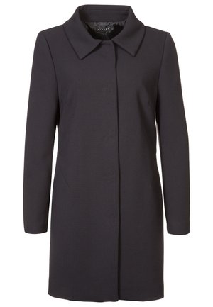 Black knee-length single-breasted coat with pointed collar and long sleeves, displayed against a white background.