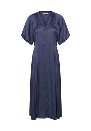 Marineblauwe satijnen midi-jurk met korte mouwen, V-hals, knoopsluiting aan de voorkant en een vloeiende silhouet.