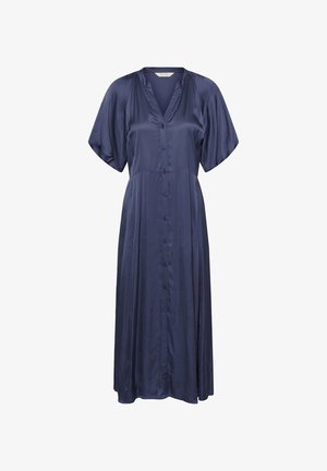 Robe midi en satin bleu marine avec manches courtes, col en V, boutonnée à l'avant et silhouette fluide.