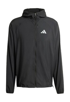 Černá lehká bunda s kapucí na plný zip, s šedým logem Adidas na levé hrudi a pružnými manžetami. Hladká, prodyšná látka.