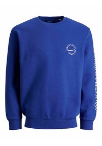 Felpa blu royal con scollo a girocollo, maniche lunghe, polsini e orlo a coste. Presenta grafiche in bianco sul petto sinistro e sulla manica.