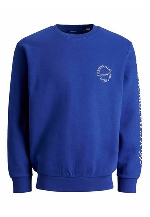 Sudadera azul royal con cuello redondo, mangas largas, y puños y dobladillo acanalados. Presenta gráficos de texto en blanco en el pecho izquierdo y en la manga.