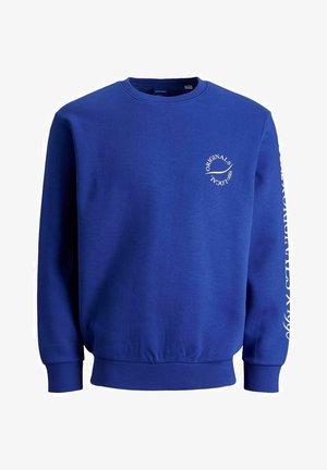 Felpa blu royal con scollo a girocollo, maniche lunghe, polsini e orlo a coste. Presenta grafiche in bianco sul petto sinistro e sulla manica.