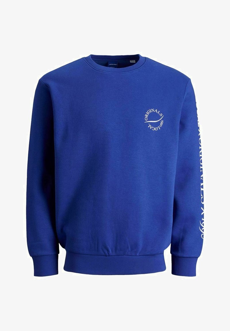 Royal blue sweatshirt with a crew neckline, long sleeves, ribbed cuffs and hem. Features white text graphics on the left chest and sleeve.