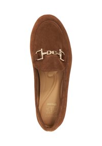 Brown suede loafers with a smooth texture, featuring a gold-tone hardware accent and a rounded toe design. Interior lining in tan.