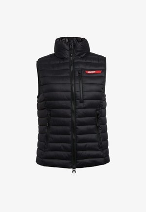 Black padded vest with high collar, featuring a front zipper and two side zippers. Small red logo on the upper left chest. Smooth texture.