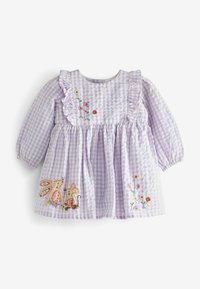 Vestido de cuadros lilas y blancos para niña pequeña, con mangas largas, parte delantera con volantes y adornos bordados de flores, conejo y ratón.