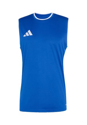 Blå ærmeløs sportstrøje med hvid rund halskant og hvid Adidas-logo på højre bryst.