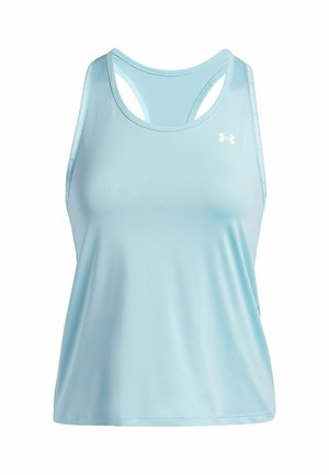 Débardeur de sport bleu clair avec un col rond, design dos nageur et une marque discrète sur les bretelles. Tissu doux et lisse.