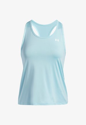 Débardeur de sport bleu clair avec un col rond, design dos nageur et une marque discrète sur les bretelles. Tissu doux et lisse.