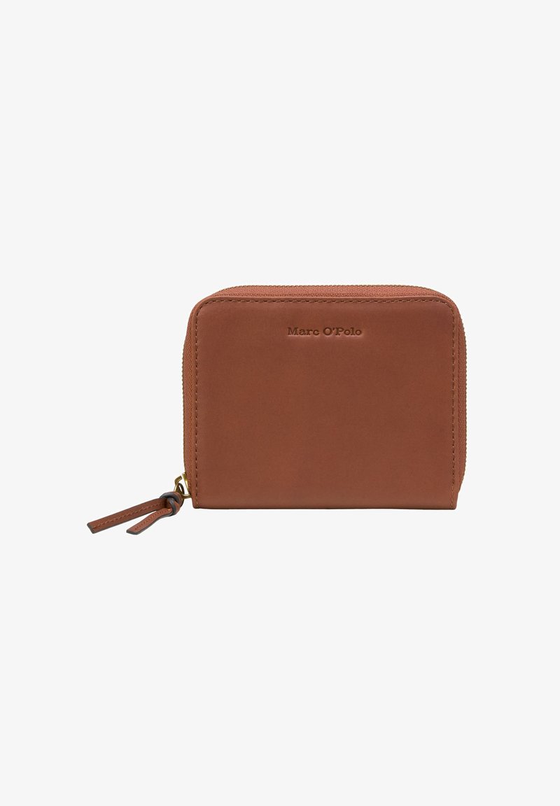 Brown leather wallet with a rectangular shape, zip closure, logo embossed on the front, and a small leather pull tab. Smooth texture.