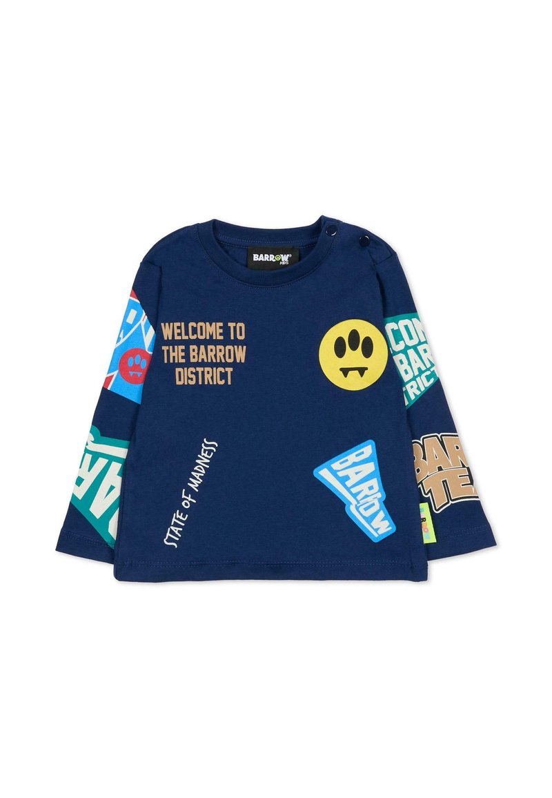 T-shirt a manica lunga blu navy in cotone con grafiche stampate colorate, tra cui testo e motivi di faccine sorridenti, con bottoni sulla spalla per un facile indossamento.