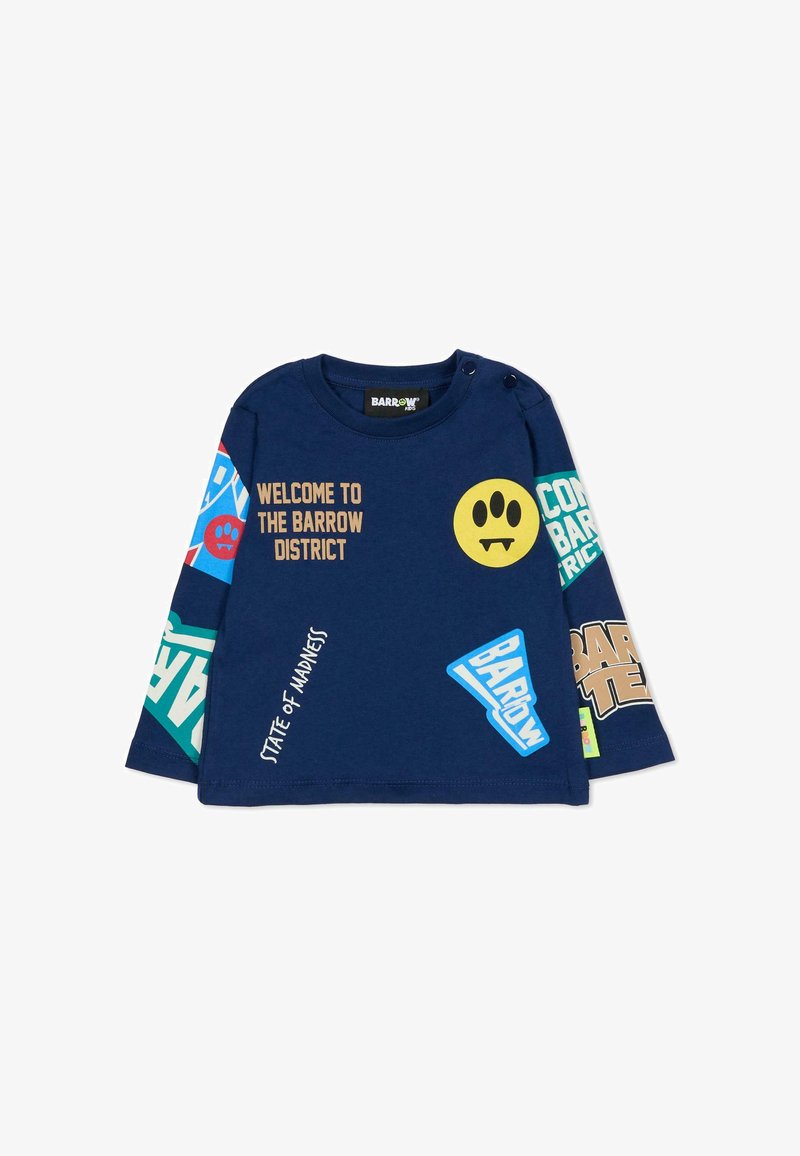 Marineblauw longsleeve t-shirt van katoen met kleurrijke bedrukte graphics, waaronder tekst en smiley-motieven, en schouderdrukkers voor gemakkelijk aan- en uittrekken.