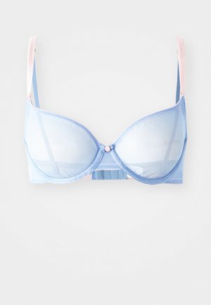 Light blue sheer bra with soft, smooth cups, adjustable pastel straps, and delicate button detail at the center.