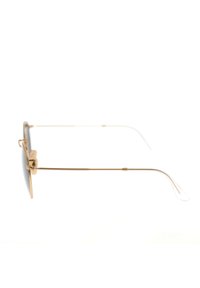 Occhiali da sole in metallo dorato con una silhouette rettangolare elegante, lenti scure e steli sottili con punte trasparenti per comfort e grip.